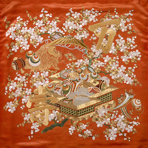紅繻子地宝尽しと梅「万寿」字文様刺繡掛袱紗