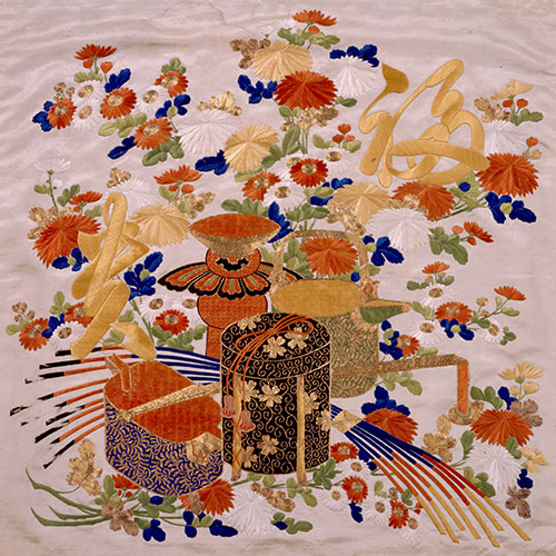 淡浅葱繻子地菊に酒器熨斗「福喜」字文様刺繡掛袱紗